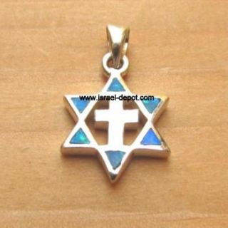 St Silver Messianic Magen David Star Cross Pendant Opal