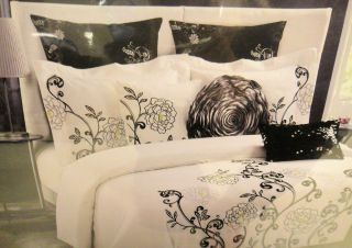 CYNTHIA ROWLEY B W Floral Embroidered Queen Comforter 6 Piece Bedding