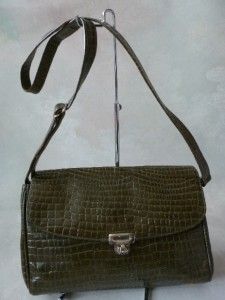 FAB CROUCH & FITZGERALD NY HUNTER GREEN CROCODILE EMBOSSED LEATHER