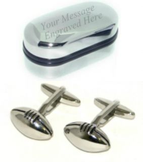Silver Colour Rugby Ball Mens Cufflinks in Engraved Personalised Gift