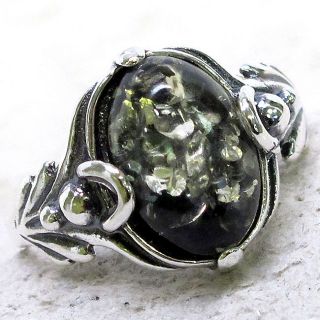 GORGEOUS NATURAL GREEN BALTIC AMBER 925 STERLING SILVER RING SIZE 7