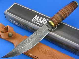 Marbles Damascus Blade Stacked Leather Handle Hunting Skinning Field