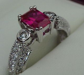  ESTATE style Emerald cut Created Ruby & Signity CZ Wedding Ring Sz7