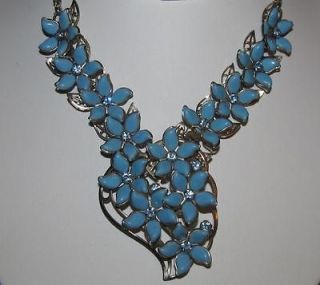 Vintage Chunky Baby Blue Plastic Flower & Rhinestone Choker Necklace