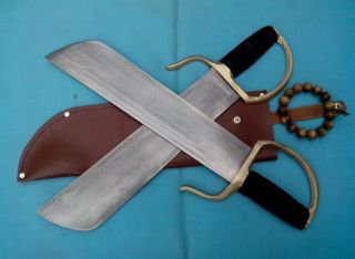 Wing Chun Bart Cham Dao Damascus Steel Blade Hand Made Brown Leather