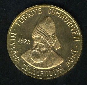 Turkey 500 Lira 1978 Jalaladdin Rumi Gold Coin as Shown