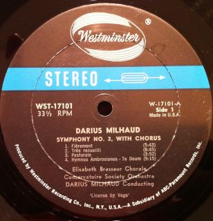 Darius Milhaud Cunducts Symphony No 3 LP VG WST 17101 Vinyl Record