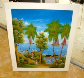 Signed Caribbean Island Scene Painting on Canvas Framed Colorful