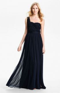 Adrianna Papell One Shoulder Embellished Bodice Pleated Gown