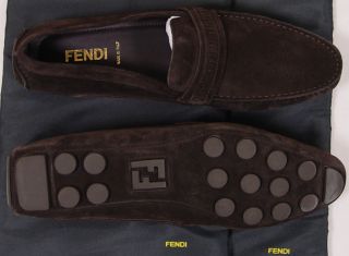Fendi Shoes $545 Dark Brown Suede Logo Vamp Signature Sole Drivers 11D