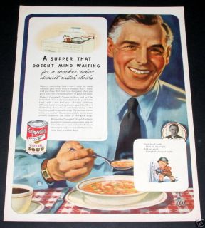1943 OLD WWII MAGAZINE PRINT AD, CAMPBELLS SOUP, WARTIME WORKER ART