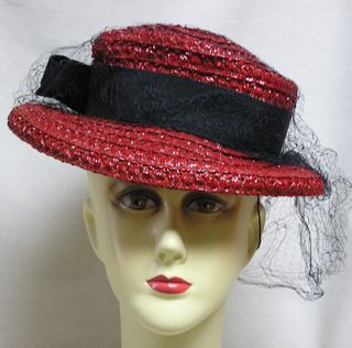 Vintage Womans Hat Red Straw Boater w Bow and Veil by Knox