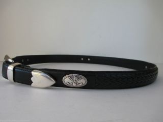 MENS AQUARIUS GOLF BLACK LEATHER WEAVED WITH SILVER EMBLEMS BELT SIZE