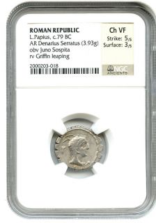 Ancient Roman L Papius AR Denarius Serratus 79 BC NGC VF Roman