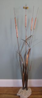 Large Metal Stone Base Cattail Sculpture Curtis C Jere
