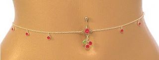 Cherry Navel Ring with Dangling Red Drops Belly Chain