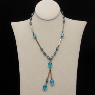 Art Deco Necklace Vintage Glass Beads Twin Drops Blue