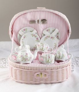 Delton Childrens Porcelain Tea Set for 2 in Wicker Basket Pink Phlox