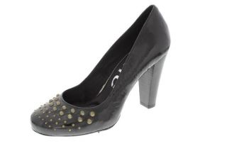 DKNY NEW Denise Black Leather Studded Block Heel Round Toe Pumps Shoes