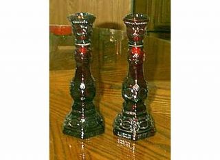  CAPE COD RUBY RED 2 GLASS CANDLESTICKS CANDLE HOLDERS EMPTY DECANTORS
