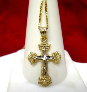 10K TWO TONE GOLD CROSS DIAMOND CUT DESIGN PENDANT NECKLACE WITH GOLD