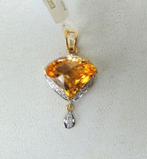 14 K Solid Gold Citrine Diamond Stone Pendant Amulet