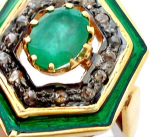  Emerald Enamel Natural Diamond Gold Sterling Silver Ring 1336