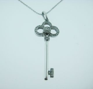  Tiffany Co 18K White Gold Crown Diamond Key Pendant Necklace