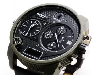 Diesel Mens XXL Green SBA Black Leather Watch DZ7250 New