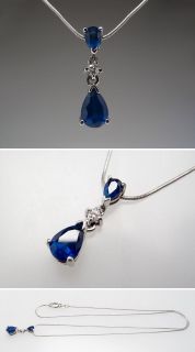 Natural Blue Sapphire & Diamond Pendant Necklace Solid 14K & 18K White