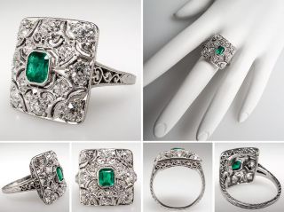Antique Emerald & Diamond Ring Openwork & Engraved Platinum 1920s sku