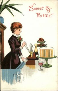 Woman Bartender Keg Handles Tap Champaign Bottle Cake c1910 Postcard