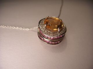  White Gold Diamond Solitaire Citrine Pink Sapphire Pendant Necklace