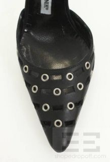 Manolo Blahnik Black Leather Grommet Laser Cut DOrsay Heels Size 35