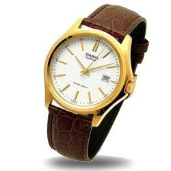 CASIO MTP 1183Q 7A GOLD PLATED BEZEL WHITE DIAL LEATHER STRAP WR. DATE