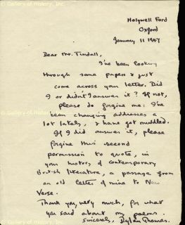 Dylan Thomas Autograph Letter Signed 01 11 1947