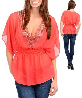  New Lovely Coral Sequined Neckline Kimono Casual and Dressy Top