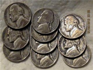 Lot of 10 Silver War Nickels Dated 1943 P 3 1944 P 4 and 1945 3 s H $1