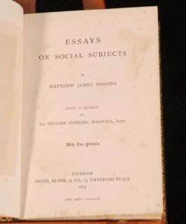 1875 Essays on Social Subjects M J Higgins 1st Fine BDG