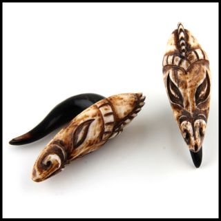 Pair of Tribal Mask Bone Ear Plugs Gauges Pick Size