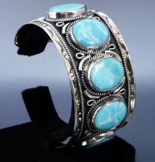 Stone Sacred Turquoise Mexican Silver Scallop Cuff Bracelet