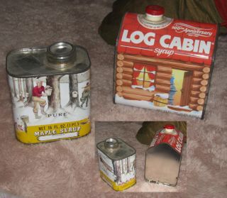 Maple Syrup Log Cabin and Pure 2 old tin collectibles lot L K