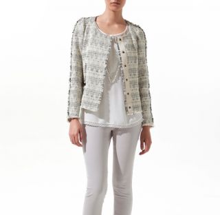 Zara Ecru Metallic Tweed Jacket Blazer with Zips Sz M