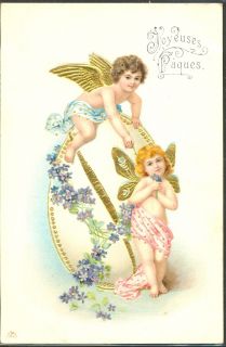 HP195 Easter Cupids Angels Huge Egg Violets Gold Embossed