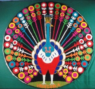  35 Round Hand Hooked Black Peacock Rug MOD Neon Pink Orange Green Red