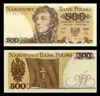 500 Zlotych Banknote of Poland 1982 Kosciuszko Portrait Pick 145 Crisp