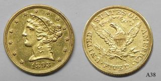 1893 $5 Five Dollar Gold Liberty Head Half Eagle Gold Coin