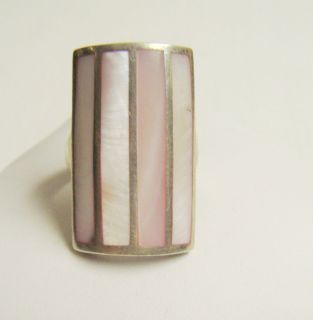  925 NF Sterling Silver Mother of Pearl Elongated Rectangular Ring Sz 6