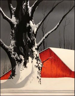 Eyvind Earle Red Barn and Tree Snow 1976 with Custom Frame Serigraph