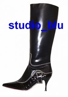 Emanuel UNGARO Black Leather Patent Buckle Boots 8